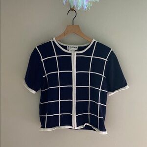 Vintage navy blue and‎ white shirt sleeved plaid zip up sweater size medium